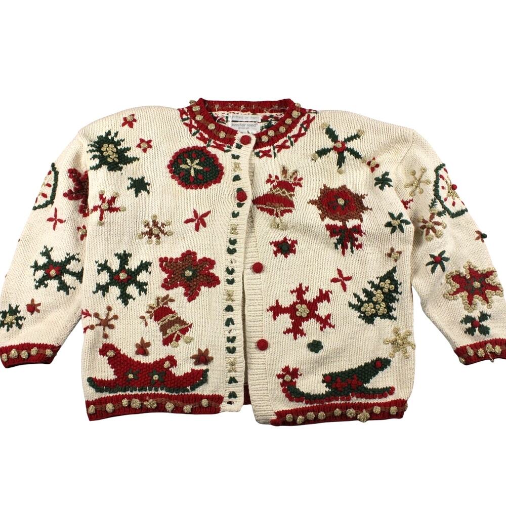 VTG 70s Grandma Core Christmas Cardigan Womens Large‎ Snowflake Holiday Party